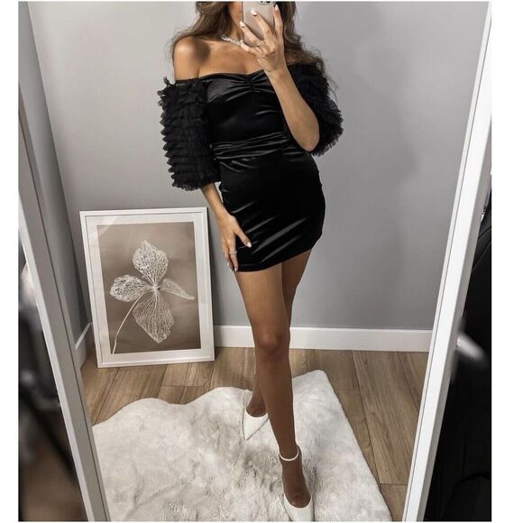 ZARA Dress S Black Velvet Tulle Balloon Sleeves 8351/253 FW22 Mini Off Shoulder - Picture 7 of 16